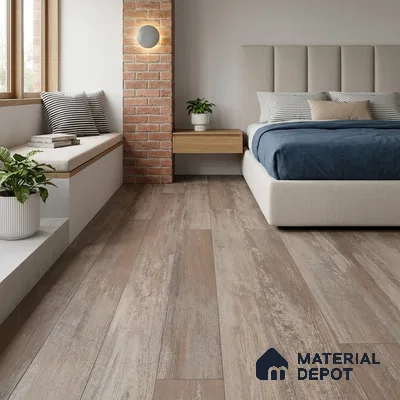 HDF Fish Bone Laminate Wood Floor AC5 Class 33 Grade Chevron Oak Rustic LF 00302 E 48 x 12 inch (1220x300 mm) - 8 mm | Natural Wood Grain Surface | V Groove | Unilin Click Locking System Unilin Click Locking System with Moisture Resistant Yellow Backing | European Designs | 12-15 Years Warranty