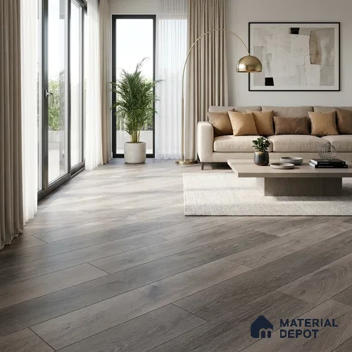 HDF Fish Bone Laminate Wood Floor AC5 Class 33 Grade Chevron Ash Oak Noir LF 00302 48 x 12 inch (1220x300 mm) - 8 mm | Natural Wood Grain Surface | V Groove | Unilin Click Locking System Unilin Click Locking System with Moisture Resistant Yellow Backing | European Designs | 12-15 Years Warranty