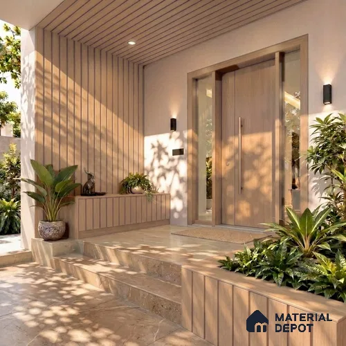 Beige Wooden Exterior Wall Panel PN 06471 F Elite Clad 4 Flute Design 9.51 ft x 8.81 inch WPC Panel - 26 mm | Suitable for Balcony, Facade & Open Area | 10-Year Warranty | Width is Subjected to 5% Variation