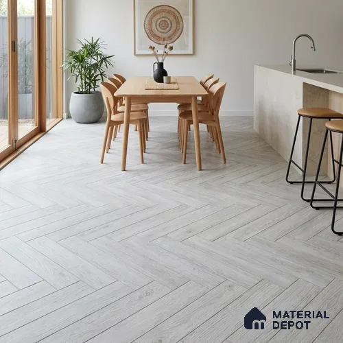 HDF Herringbone Real Wood Matte Surface Laminate Wood Floor AC5 Grade LF 00336 B Beaconia White Washed Oak 19 x 4 inch (470x95 mm) - 12 mm | Aqua Protect 12 Hours Water Resistance | Anti Static and Stain Resistant | 0.5 mm V Groove | Real Wood Touch Surface | Uniclic Installation | 36 Plank Variations | 25 Years Warranty