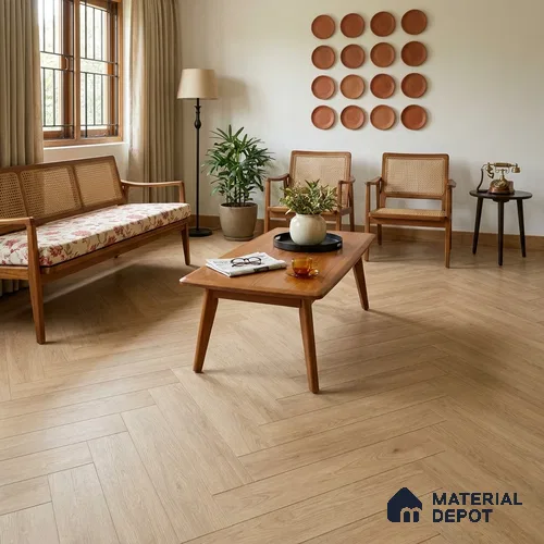 Hybrid HDF Herringbone Embossed Laminate Wood Floor AC5 Grade LF 00346 C Artisan Golden Whisper 24 x 4 inch (600x100 mm) - 10 mm | 100 HRS Spill Proof | EIR Surface | Anti Static and Stain Resistant | 0.5 mm V Groove | Uniclic | 48 Plank Variations