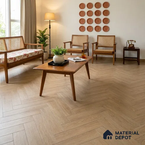 Hybrid HDF Herringbone Embossed Laminate Wood Floor AC5 Grade LF 00346 D Artisan Elder Oak 24 x 4 inch (600x100 mm) - 10 mm | 100 HRS Spill Proof | EIR Surface | Anti Static and Stain Resistant | 0.5 mm V Groove | Uniclic | 48 Plank Variations