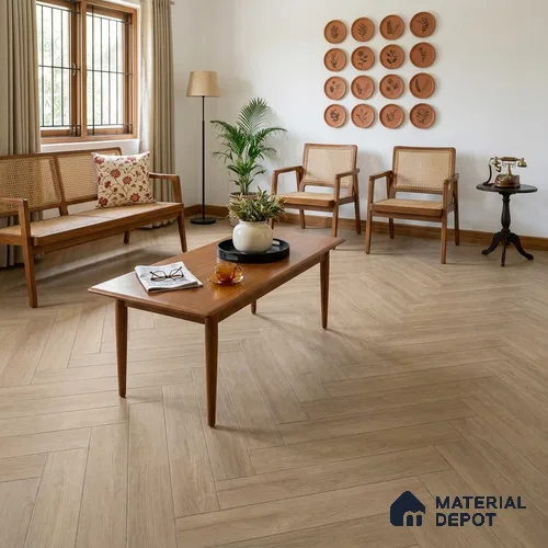 Hybrid HDF Herringbone Embossed Laminate Wood Floor AC5 Grade LF 00346 G Artisan Mystic Morn 24 x 4 inch (600x100 mm) - 10 mm | 100 HRS Spill Proof | EIR Surface | Anti Static and Stain Resistant | 0.5 mm V Groove | Uniclic | 48 Plank Variations