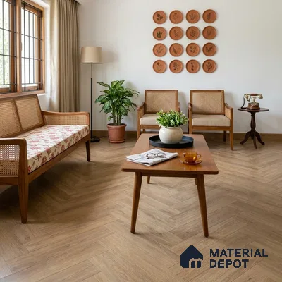 Hybrid HDF Herringbone Embossed Laminate Wood Floor AC5 Grade LF 00346 I Artisan Evening Whisper 24 x 4 inch (600x100 mm) - 10 mm | 100 HRS Spill Proof | EIR Surface | Anti Static and Stain Resistant | 0.5 mm V Groove | Uniclic | 48 Plank Variations