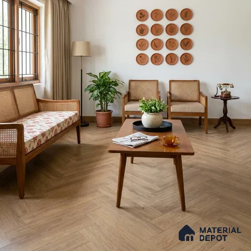 Hybrid HDF Herringbone Embossed Laminate Wood Floor AC5 Grade LF 00346 I Artisan Evening Whisper 24 x 4 inch (600x100 mm) - 10 mm | 100 HRS Spill Proof | EIR Surface | Anti Static and Stain Resistant | 0.5 mm V Groove | Uniclic | 48 Plank Variations