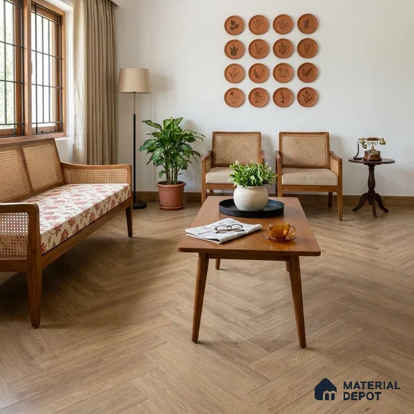 Hybrid HDF Herringbone Embossed Laminate Wood Floor AC5 Grade LF 00346 I Artisan Evening Whisper 24 x 4 inch (600x100 mm) - 10 mm | 100 HRS Spill Proof | EIR Surface | Anti Static and Stain Resistant | 0.5 mm V Groove | Uniclic | 48 Plank Variations