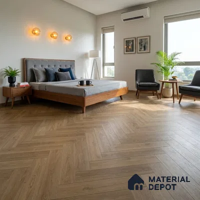 Hybrid HDF Herringbone Embossed Laminate Wood Floor AC5 Grade LF 00346 I Artisan Evening Whisper 24 x 4 inch (600x100 mm) - 10 mm | 100 HRS Spill Proof | EIR Surface | Anti Static and Stain Resistant | 0.5 mm V Groove | Uniclic | 48 Plank Variations