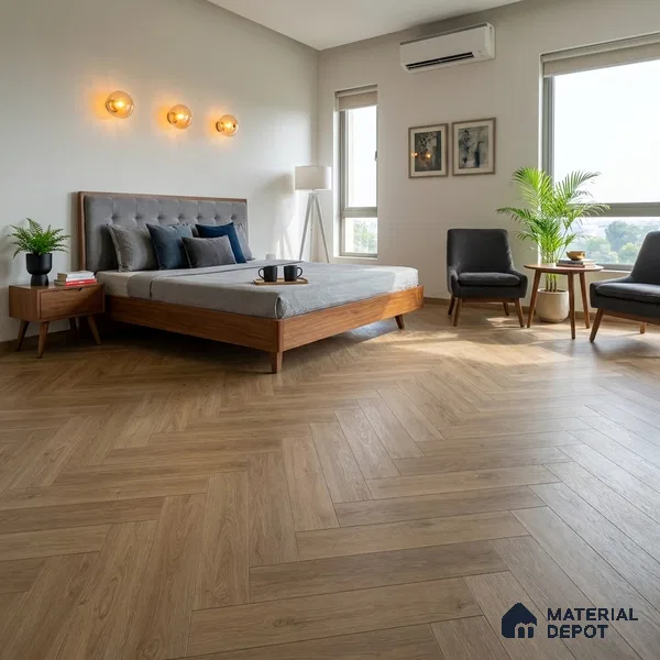Hybrid HDF Herringbone Embossed Laminate Wood Floor AC5 Grade LF 00346 I Artisan Evening Whisper 24 x 4 inch (600x100 mm) - 10 mm | 100 HRS Spill Proof | EIR Surface | Anti Static and Stain Resistant | 0.5 mm V Groove | Uniclic | 48 Plank Variations