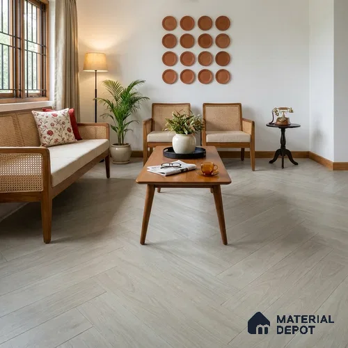 Hybrid HDF Herringbone Laminate Wood Floor AC5 Grade LF 00343 C Beaconia Hazelnut Glow 24 x 4 inch (600x100 mm) - 8 mm | 100 HRS Spill Proof | ESCT Technology | Anti Static and Stain Resistant | 0.5 mm V Groove | EIR Surface | Uniclic Installation | 48 Plank Variations