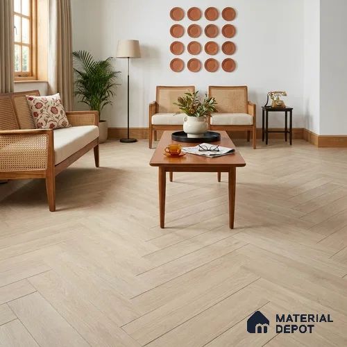 Hybrid HDF Herringbone Laminate Wood Floor AC5 Grade LF 00343 E Beaconia Ember Light 24 x 4 inch (600x100 mm) - 8 mm | 100 HRS Spill Proof | ESCT Technology | Anti Static and Stain Resistant | 0.5 mm V Groove | EIR Surface | Uniclic Installation | 48 Plank Variations