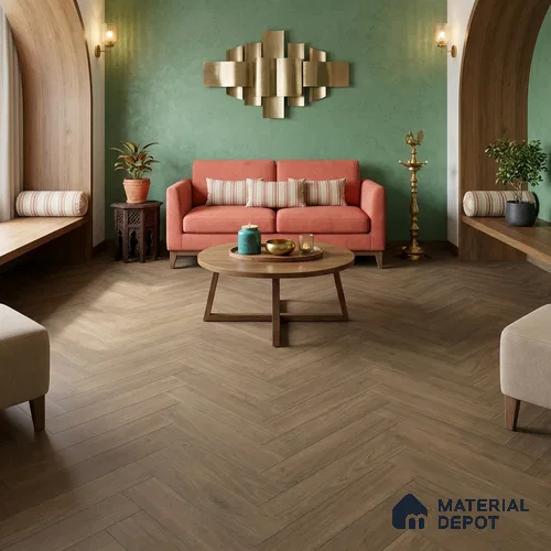 Hybrid HDF Herringbone Laminate Wood Floor AC5 Grade LF 00343 G Beaconia Sepia Silk 24 x 4 inch (600x100 mm) - 8 mm | 100 HRS Spill Proof | ESCT Technology | Anti Static and Stain Resistant | 0.5 mm V Groove | EIR Surface | Uniclic Installation | 48 Plank Variations