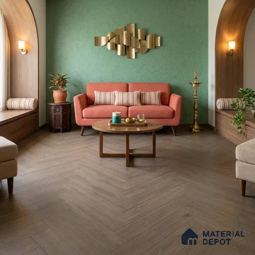 Hybrid HDF Herringbone Laminate Wood Floor AC5 Grade LF 00343 H Beaconia Forest Nocturne 24 x 4 inch (600x100 mm) - 8 mm | 100 HRS Spill Proof | ESCT Technology | Anti Static and Stain Resistant | 0.5 mm V Groove | EIR Surface | Uniclic Installation | 48 Plank Variations