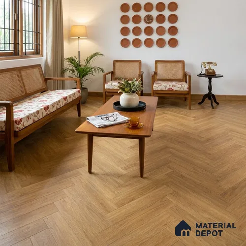 Hybrid HDF Herringbone Embossed Laminate Wood Floor AC5 Grade LF 00344 B Livanti Rich Caramel Walnut 24 x 4 inch (600x100 mm) - 10 mm | 100 HRS Spill Proof | ESCT Technology | Anti Static and Stain Resistant | 0.5 mm V Groove | 2G Click Lock | 36 Plank Variations | 25 Years Guarantee