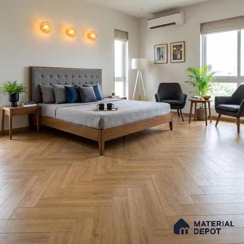Hybrid HDF Herringbone Embossed Laminate Wood Floor AC5 Grade LF 00344 B Livanti Rich Caramel Walnut 24 x 4 inch (600x100 mm) - 10 mm | 100 HRS Spill Proof | ESCT Technology | Anti Static and Stain Resistant | 0.5 mm V Groove | 2G Click Lock | 36 Plank Variations | 25 Years Guarantee
