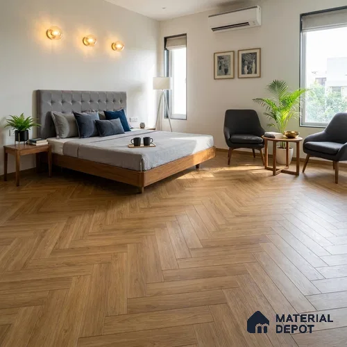 Hybrid HDF Herringbone Embossed Laminate Wood Floor AC5 Grade LF 00344 E Livanti Classic Walnut 24 x 4 inch (600x100 mm) - 10 mm | 100 HRS Spill Proof | ESCT Technology | Anti Static and Stain Resistant | 0.5 mm V Groove | 2G Click Lock | 36 Plank Variations | 25 Years Guarantee