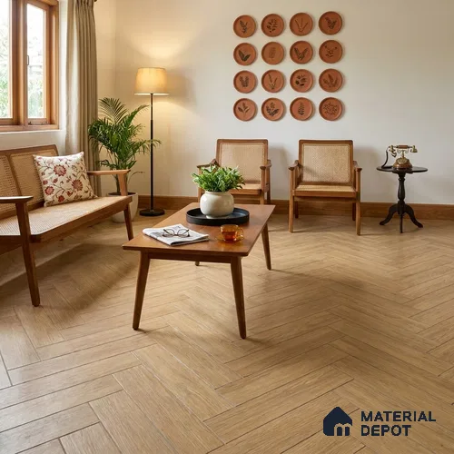 Hybrid HDF Herringbone Embossed Laminate Wood Floor AC5 Grade LF 00344 Livanti Golden Walnut 24 x 4 inch (600x100 mm) - 10 mm | 100 HRS Spill Proof | ESCT Technology | Anti Static and Stain Resistant | 0.5 mm V Groove | 2G Click Lock | 36 Plank Variations | 25 Years Guarantee