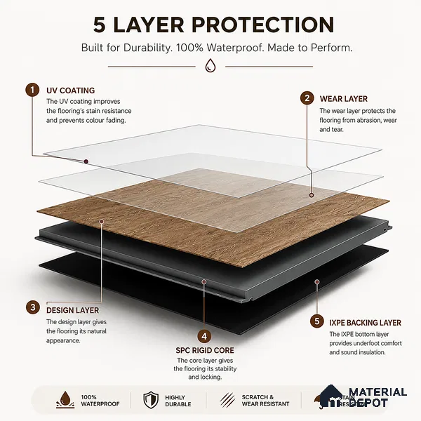 Medium Umber Brown Matte Finish 4 ft x 7 inch - 5 mm SPC Flooring | SP 00130 | 15-Year Warranty Click-Lock DIY Installation | Suitable For Kitchen, Living Room & Bedroom
