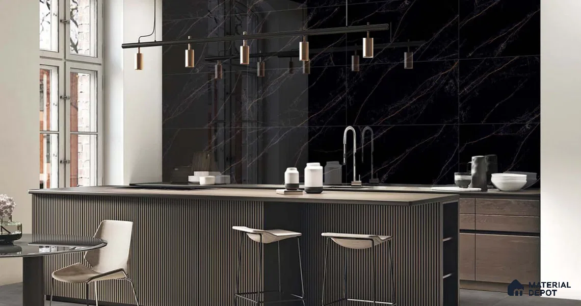 Marble Wall & Floor Tile TL 11039 Noir Ember | 4 ft x 2 ft High Glossy Finish Vitrified Tile - 9 mm | 4 Random Design | Suitable For Living Room, Bedroom, Bathroom