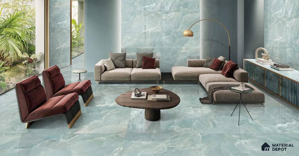 Marble Floor & Wall Tile TL 11071 Celeste Onyx | 4 ft x 2 ft Glossy Finish Vitrified Tile - 9 mm | 6 Random Design | Suitable For Living Room, Bedroom, Bathroom