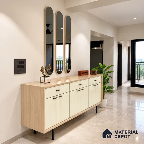 Light Beige Fluted Solid Color LM 19441 L 8 ft x 4 ft Glossy Finish Decorative Laminate - 1 mm | Suitable for TV Unit,Wardrobe, Kitchen Cabinets