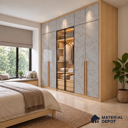 Patterned Look LM 21106 B Satin Botanical Leaf Marble High Gloss Finish 8 ft x 4 ft Decorative Laminate - 1 mm | Suitable for Bedroom, TV Unit, Wardrobe