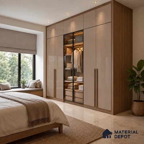 Taupe Beige Fluted Solid Color LM 19467 B Beige Glossy Finish 8 ft x 4 ft Glossy Finish Decorative Laminate - 1 mm | Suitable for TV Unit,Wardrobe, Kitchen Cabinets