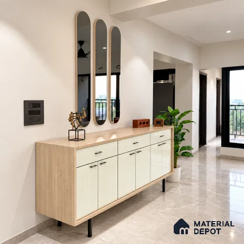 Warm White Fluted Solid Color LM 19470 B Warm White Glossy Finish 8 ft x 4 ft Glossy Finish Decorative Laminate - 1 mm | Suitable for TV Unit,Wardrobe, Kitchen Cabinets
