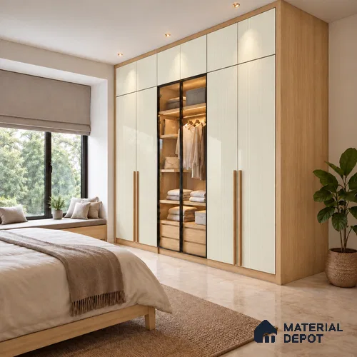 Warm White Fluted Solid Color LM 19470 B Warm White Glossy Finish 8 ft x 4 ft Glossy Finish Decorative Laminate - 1 mm | Suitable for TV Unit,Wardrobe, Kitchen Cabinets