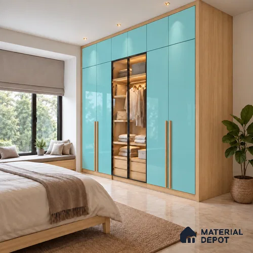 LM 21064 Breezy Blue High Gloss Finish 8 ft x 4 ft Decorative Laminate - 1 mm | Suitable for Living Room, Kitchen, Office