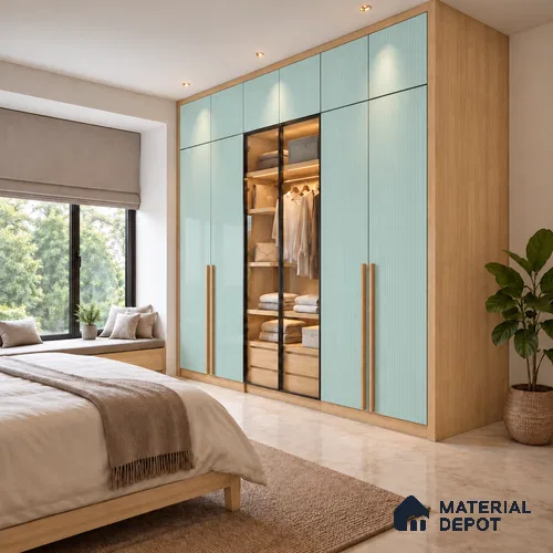 Fluted Solid Color Look LM 21068 B Azure High Gloss Finish 8 ft x 4 ft Decorative Laminate - 1 mm | Suitable for TV Unit, Wardrobe, Kitchen Cabinets