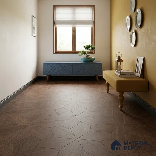 Modular Patterned Azalia Walnut Engineered Wood Floor | EF 00080 B | 20 x 12 inch (520x300 mm) - 15 mm | 2 mm Walnut Top Wear Layer | Suitable For Living Room, Bedroom | Silanblok SM Adhesive Glue Down Installation