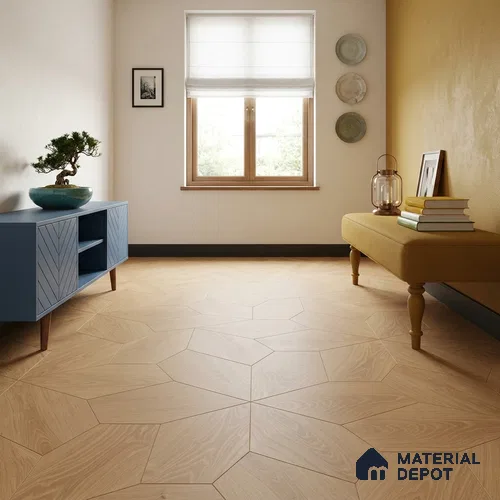 Modular Patterned Azalia Oak Engineered Wood Floor | EF 00080 | 20 x 12 inch (520x300 mm) - 15 mm | 2 mm Oak Top Wear Layer | Suitable For Living Room, Bedroom | Silanblok SM Adhesive Glue Down Installation