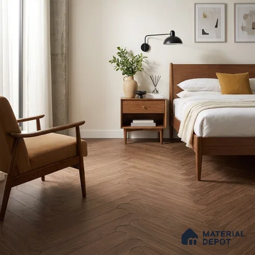 Modular Patterned Biscuit Walnut Engineered Wood Floor | EF 00077 B | 36 x 5 inch (910x120 mm) - 14 mm | 2 mm American Walnut Top Wear Layer | Suitable For Living Room, Bedroom | Silanblok SM Adhesive Glue Down Installation