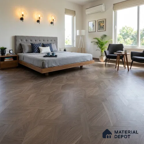 Modular Braid Pattern Walnut Engineered Wood Floor | EF 00074 B | Centre Peice - (450 x 290 mm) & Corner Piece - (431 x 131 mm) - 14 mm | 2 mm American Walnut Top Wear Layer | Suitable For Living Room, Bedroom | Silanblok SM Adhesive Glue Down Installation