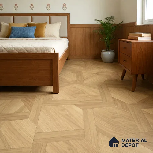 Modular Braid Pattern Oak Engineered Wood Floor | EF 00074 |  | Centre Peice - (450 x 290 mm) & Corner Piece - (431 x 131 mm) - 14 mm | 2 mm European Oak Top Wear Layer | Suitable For Living Room, Bedroom | Silanblok SM Adhesive Glue Down Installation