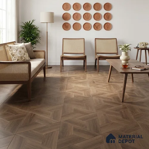 Modular Hexagon Star Pattern Walnut Engineered Wood Floor | EF 00079 B | 17 x 7 inch (439x190 mm) - 14 mm | 2 mm American Walnut Top Wear Layer | Suitable For Living Room, Bedroom | Silanblok SM Adhesive Glue Down Installation