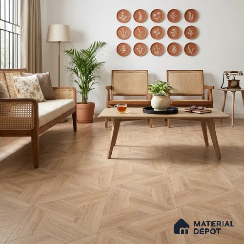 Modular Hexagon Star Pattern Oak Engineered Wood Floor | EF 00079 | 17 x 7 inch (439x190 mm) - 14 mm | 2 mm European Oak Top Wear Layer | Suitable For Living Room, Bedroom | Silanblok SM Adhesive Glue Down Installation