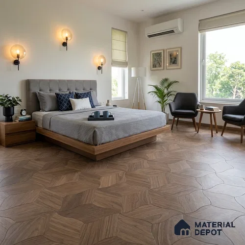 Modular Patterned Lotus Curve Walnut Engineered Wood Floor | EF 00075 B | 18 x 11 inch (453x290 mm) - 14 mm | 2 mm American Walnut Top Wear Layer | Suitable For Living Room, Bedroom | Silanblok SM Adhesive Glue Down Installation