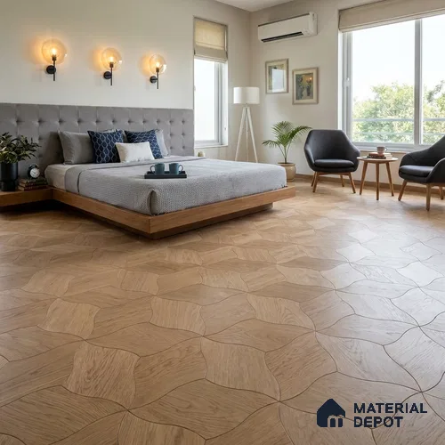 Modular Patterned Lotus Curve Oak Engineered Wood Floor | EF 00075 |  18 x 11 inch (453x290 mm) - 14 mm | 2 mm European Oak Top Wear Layer | Suitable For Living Room, Bedroom | Silanblok SM Adhesive Glue Down Installation