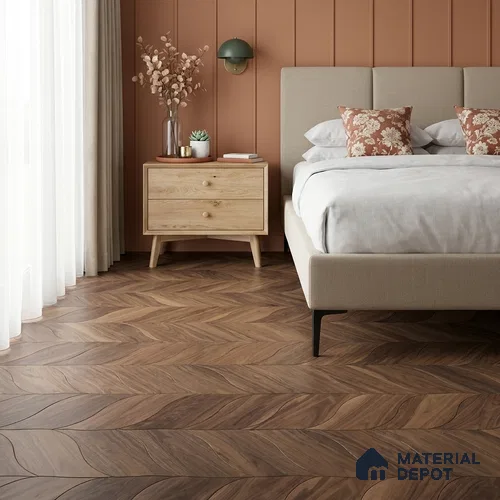 Modular Patterned Petali Walnut Engineered Wood Floor | EF 00076 B | 20 x 9 inch (514x222 mm) - 14 mm | 2 mm Walnut Top Wear Layer | Suitable For Living Room, Bedroom | Silanblok SM Adhesive Glue Down Installation