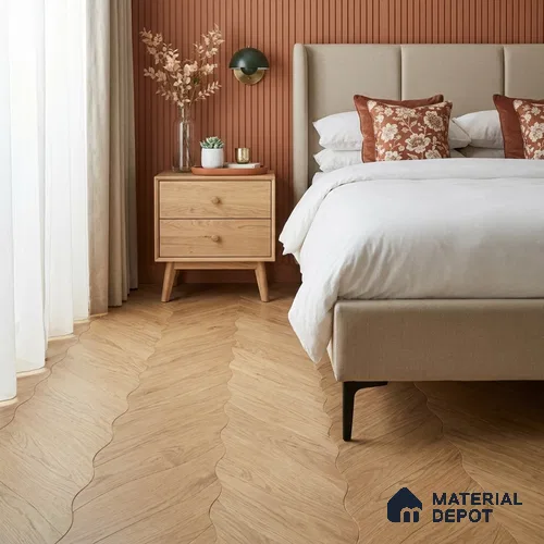 Modular Patterned Petali Oak Engineered Wood Floor | EF 00076 | 20 x 9 inch (514x222 mm) - 14 mm | 2 mm Oak Top Wear Layer | Suitable For Living Room, Bedroom | Silanblok SM Adhesive Glue Down Installation