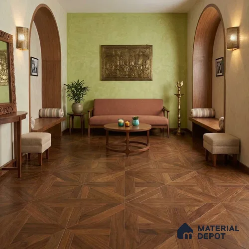 Modular Patterned Quadrotte Parquet Walnut Engineered Wood Floor | EF 00081 B | 24 x 24 inch (600x600 mm) - 14 mm | 2 mm Walnut Top Wear Layer | Suitable For Living Room, Bedroom | Silanblok SM Adhesive Glue Down Installation
