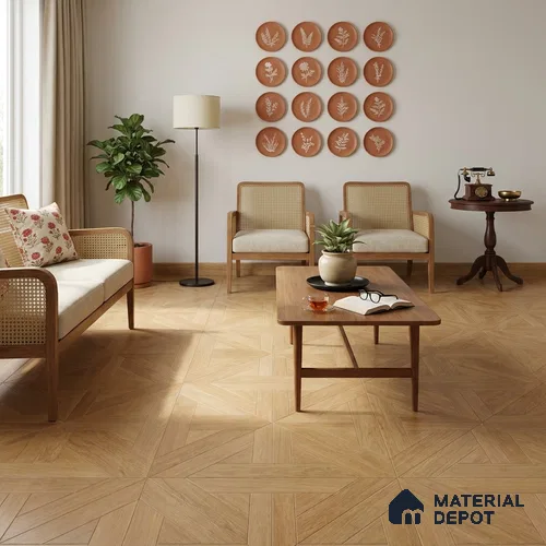 Modular Patterned Quadrotte Parquet Oak Engineered Wood Floor | EF 00081 | 24 x 24 inch (600x600 mm) - 14 mm | 2 mm Oak Wood Top Wear Layer | Suitable For Living Room, Bedroom | Silanblok SM Adhesive Glue Down Installation