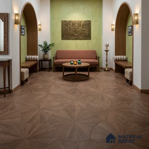 Modular Patterned Ventaglio Walnut Engineered Wood Floor | EF 00078 B | 24 x 22 inch (600x560 mm) - 14 mm | 2 mm Walnut Top Wear Layer | Suitable For Living Room, Bedroom | Silanblok SM Adhesive Glue Down Installation