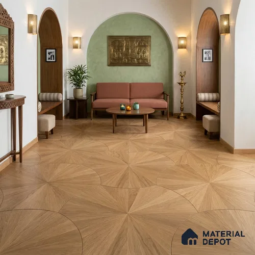 Modular Patterned Ventaglio Oak Engineered Wood Floor | EF 00078 | 24 x 22 inch (600x560 mm) - 14 mm | 2 mm Oak Top Wear Layer | Suitable For Living Room, Bedroom | Silanblok SM Adhesive Glue Down Installation