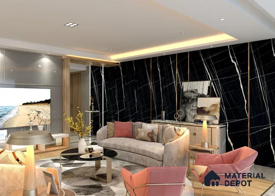 Black Marble Look BG 1637 8 ft x 4 ft Texture Finish Decorative Laminate - 1.25 mm | Suitable for TV Unit, Wardrobe, Kitchen Cabinets