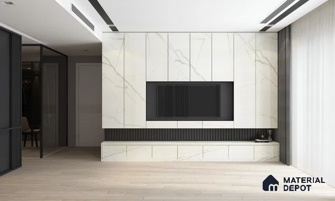 White Marble Look Crystal 1208 8 ft x 4 ft High Gloss Finish Decorative Laminate - 1.25 mm | Suitable for TV Unit, Wardrobe, Kitchen Cabinets