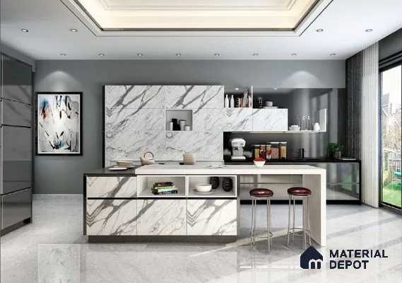 White Marble Look HD 7001 8 ft x 4 ft Texture Finish Decorative Laminate - 1.25 mm | Suitable for TV Unit, Wardrobe, Kitchen Cabinets