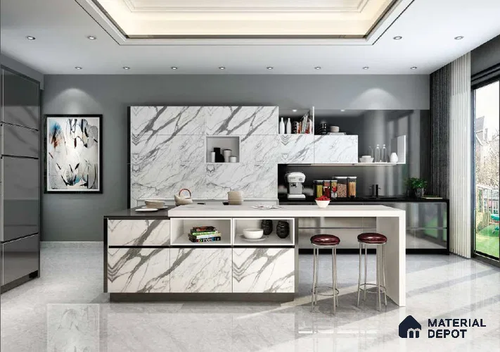 White Marble Look HD 7001 8 ft x 4 ft Texture Finish Decorative Laminate - 1.25 mm | Suitable for TV Unit, Wardrobe, Kitchen Cabinets