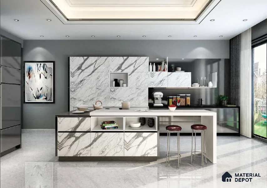 White Marble Look HD 7001 8 ft x 4 ft Texture Finish Decorative Laminate - 1.25 mm | Suitable for TV Unit, Wardrobe, Kitchen Cabinets